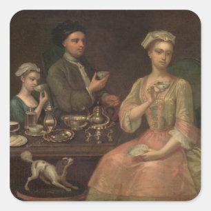 Pegatina Cuadrada Una familia de tres en el té, c.1727