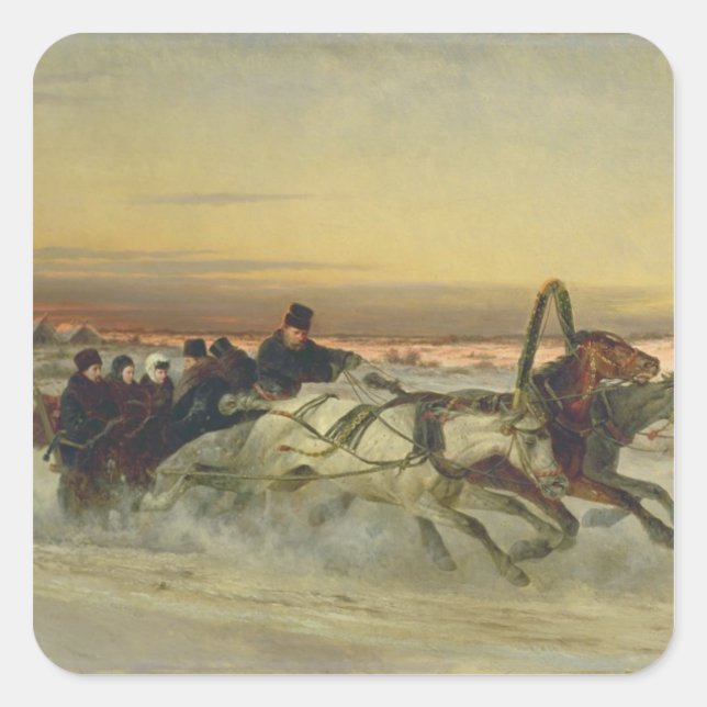 Pegatina Cuadrada Una fascinante troika de invierno al amanecer (Anverso)