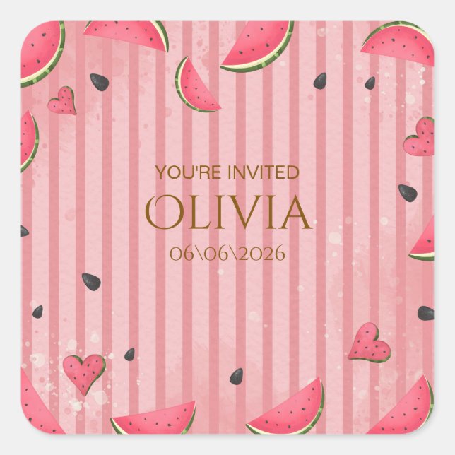 Pegatina Cuadrada Una Invitación de Cumpleaños Número Uno con Sandía (Anverso)