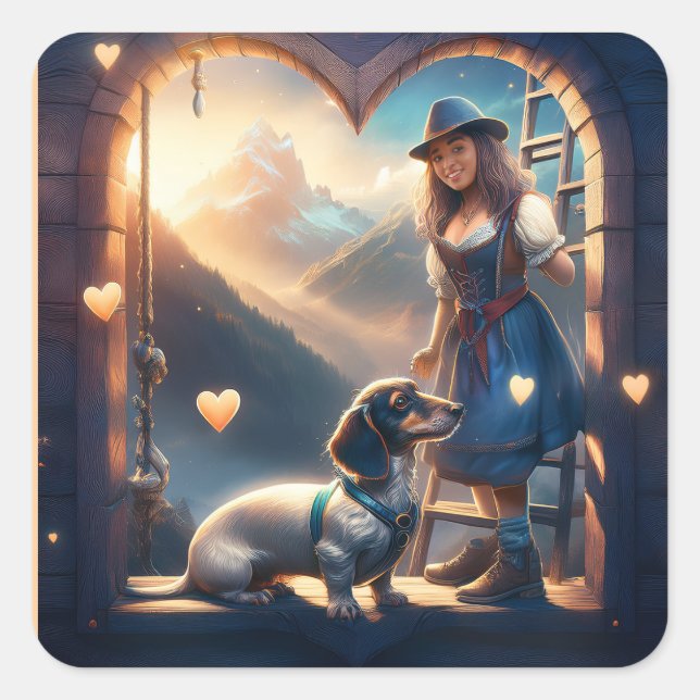 Pegatina Cuadrada Una joven Chica Alpina Y Su Amante Dachshund (Anverso)