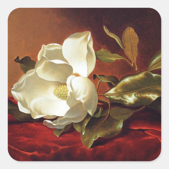 Pegatina Cuadrada Una Magnolia sobre terciopelo rojo, pintura famosa (Anverso)
