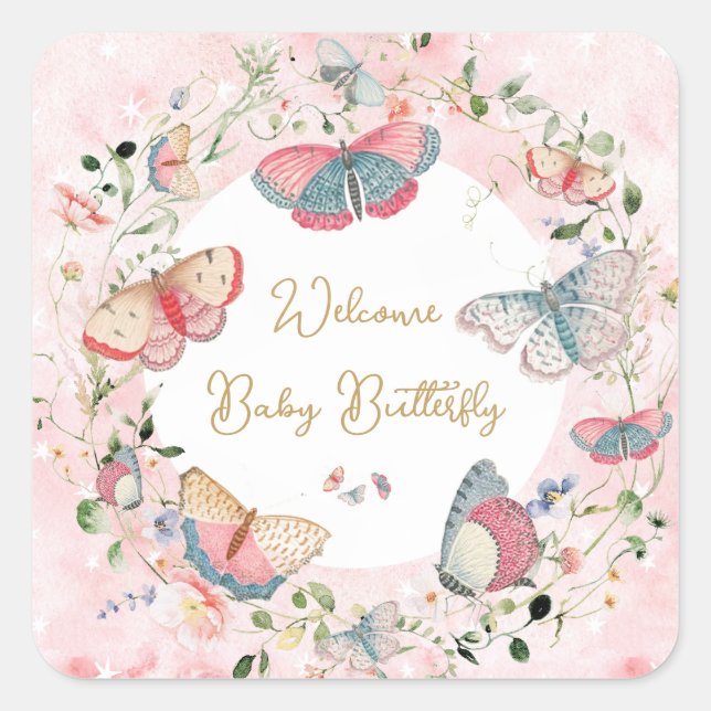 Pegatina Cuadrada Una mariposa bebé va camino a Baby Shower (Anverso)