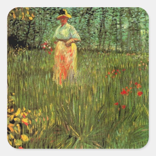 Pegatina Cuadrada Una mujer caminando en un jardín por Vincent van G (Anverso)