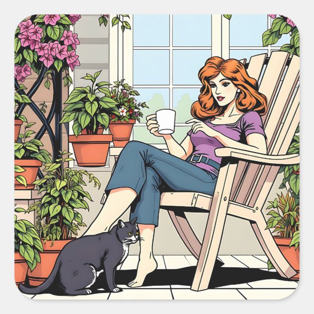 Pegatina Cuadrada Una mujer con café, gato y plantas (Anverso)
