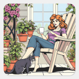 Pegatina Cuadrada Una mujer con café, gato y plantas
