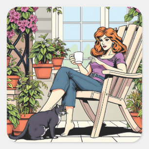Pegatina Cuadrada Una mujer con café, gato y plantas