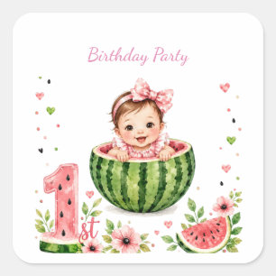 Pegatina Cuadrada Una niña de sandía cumple 1 año