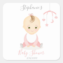 Pegatina Cuadrada Una niña pequeña y su Baby Shower móvil
