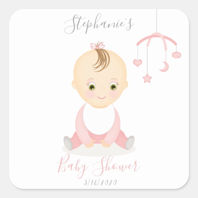 Pegatina Cuadrada Una niña pequeña y su Baby Shower móvil (Anverso)