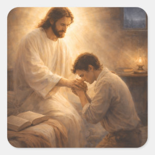 Pegatina Cuadrada Una oración de rodillas con Jesús