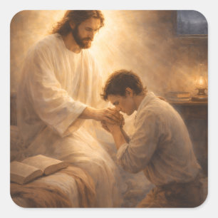 Pegatina Cuadrada Una oración de rodillas con Jesús