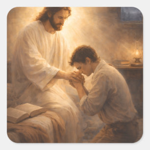 Pegatina Cuadrada Una oración de rodillas con Jesús