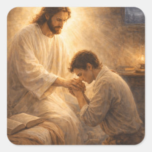 Pegatina Cuadrada Una oración de rodillas con Jesús