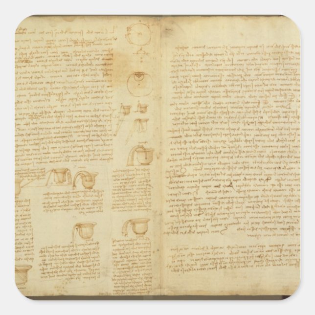 Pegatina Cuadrada Una página del Codex Leicester, 1508-12 (Anverso)