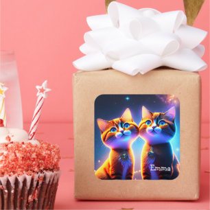 Pegatina Cuadrada Una pareja de gatos bajo el cielo estrellado -