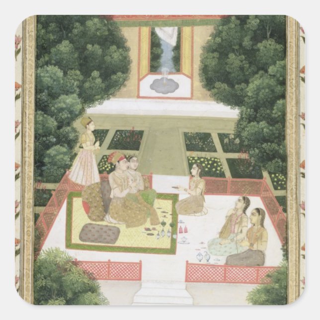 Pegatina Cuadrada Una pareja en un jardín escuchando música con muje (Anverso)