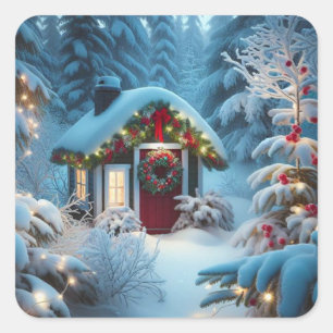 Pegatina Cuadrada Una pequeña cabaña en el bosque   Navidades festiv