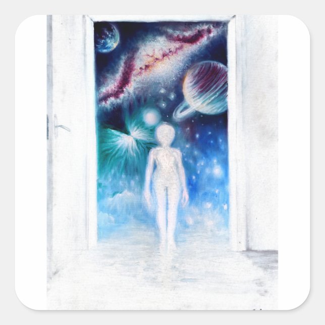 Pegatina Cuadrada Una puerta abierta al universo (Anverso)