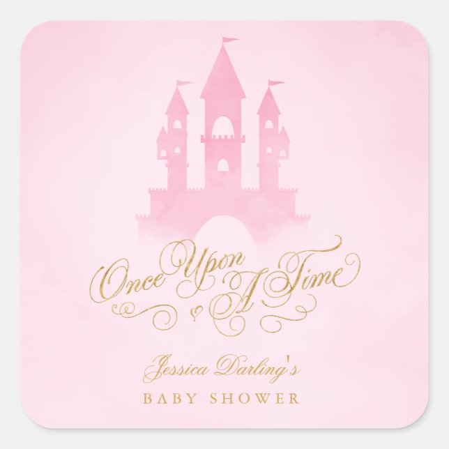 Pegatina Cuadrada Una Vez, Fairytale Castle Chica Baby Shower (Anverso)