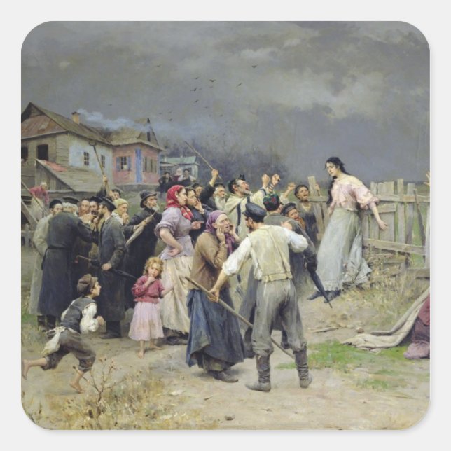 Pegatina Cuadrada Una víctima del fanatismo, 1899 (Anverso)