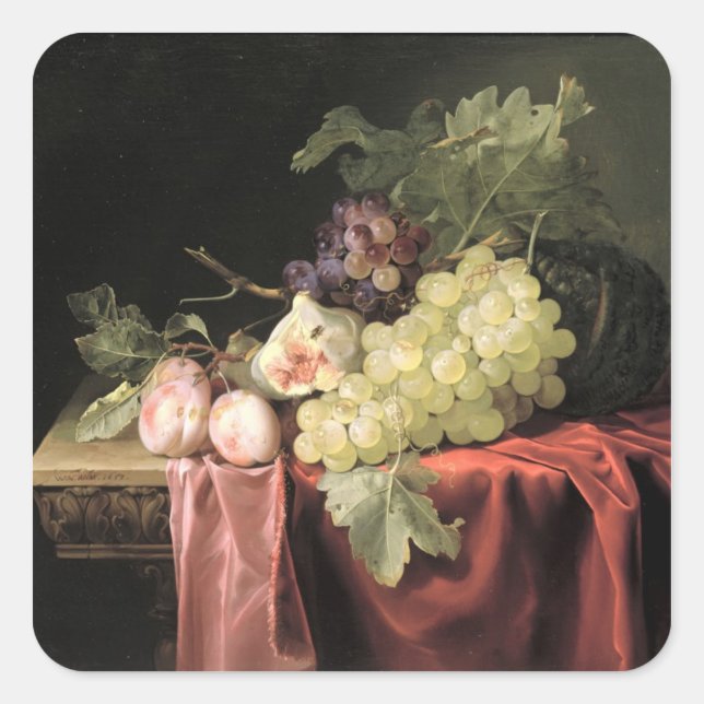 Pegatina Cuadrada Una vida quieta con uvas, ciruelas (Anverso)