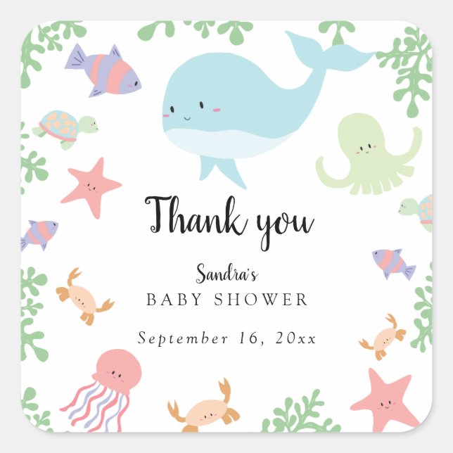 Pegatina Cuadrada Under the Sea Baby Shower Cute Kawaii Gracias (Anverso)