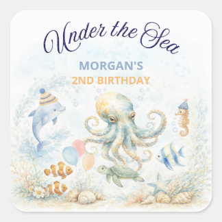 Pegatina Cuadrada Under the Sea Ocean Animals Octopus Birthday
