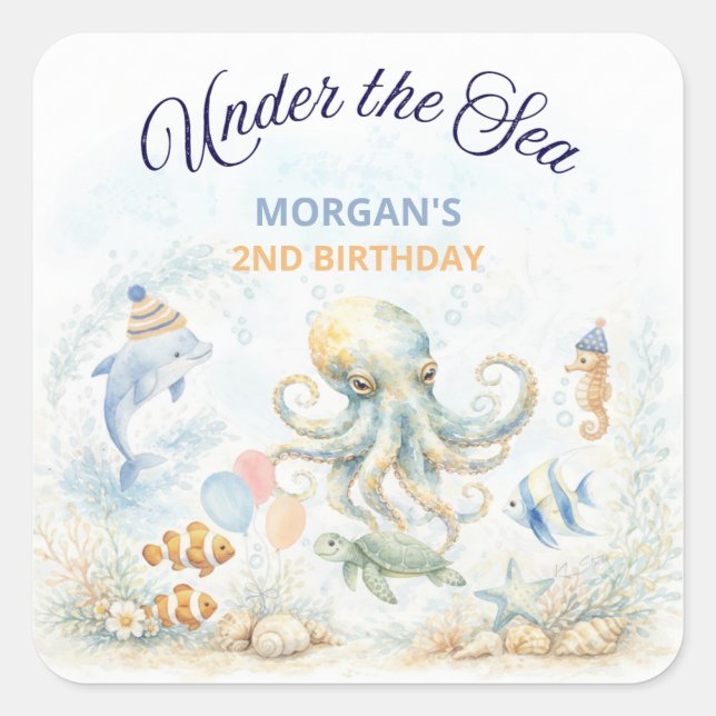 Pegatina Cuadrada Under the Sea Ocean Animals Octopus Birthday (Anverso)