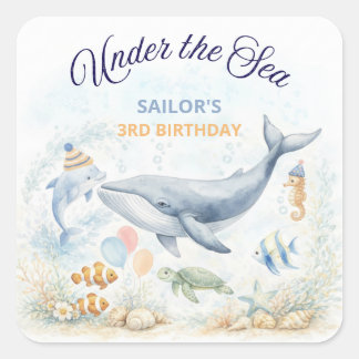 Pegatina Cuadrada Under the Sea Ocean Animals Whale Birthday