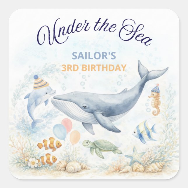 Pegatina Cuadrada Under the Sea Ocean Animals Whale Birthday (Anverso)