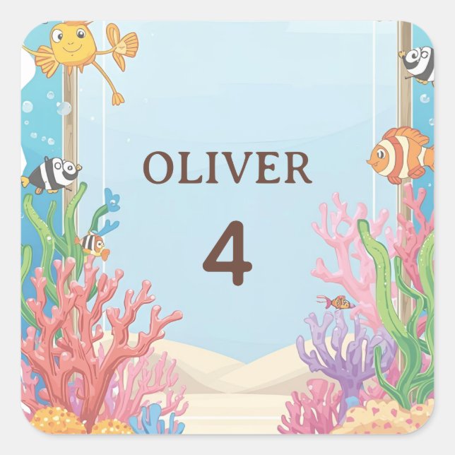 Pegatina Cuadrada Under the Sea Waterproof Labels, Oliver Name Label (Anverso)