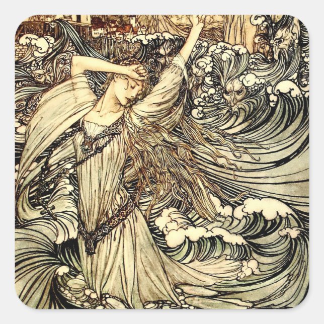 Pegatina Cuadrada “Undine en las olas” de Arthur Rackham (Anverso)