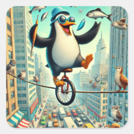 Pegatina Cuadrada Uniclista pingüino en la ciudad - Circo caprichoso