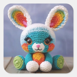Pegatina Cuadrada Único conejito hecho a mano - Amigurumi Crochet