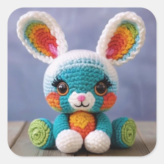 Pegatina Cuadrada Único conejito hecho a mano - Amigurumi Crochet (Anverso)