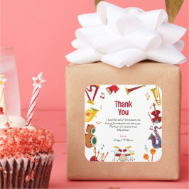 Pegatina Cuadrada Único y colorido Baby Shower musical Gracias