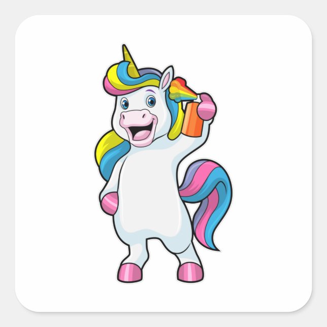 Pegatina Cuadrada Unicorn as Hairdresser with Hairspray (Anverso)
