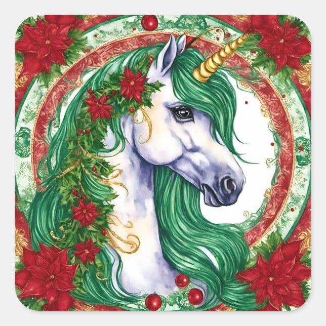 Pegatina Cuadrada Unicorn navidades (Anverso)