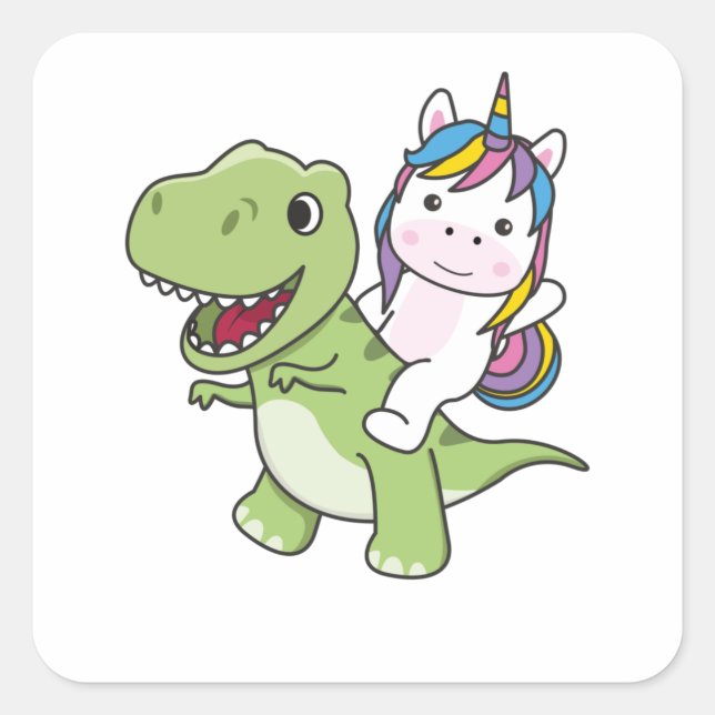 Pegatina Cuadrada Unicorn Rides On Trex Cute Dinosaur With Unicorns (Anverso)