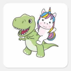Pegatina Cuadrada Unicorn Rides On Trex Cute Dinosaur With Unicorns