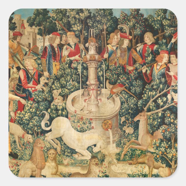 Pegatina Cuadrada UNICORN SE ENCUENTRA / Fuente y otros animales (Anverso)