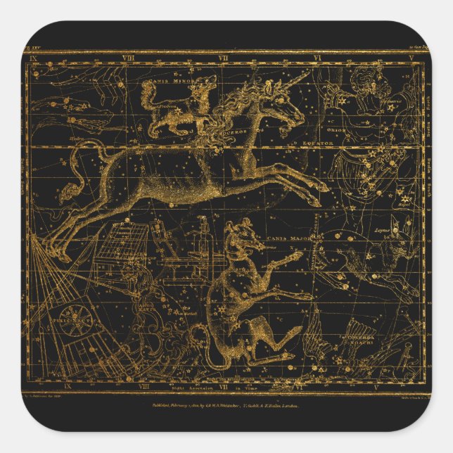 Pegatina Cuadrada Unicornio Astrológico Vintage (Anverso)