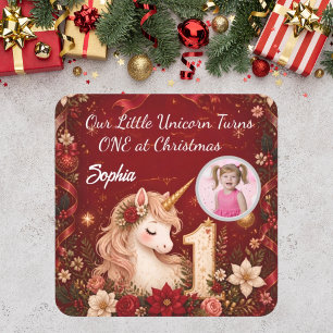 Pegatina Cuadrada Unicornio Carmesí Floral Cumpleaños 1er Navidad