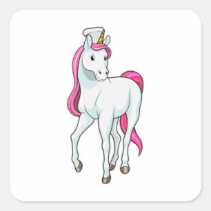 Pegatina Cuadrada Unicornio como cocinero con gorra de chef