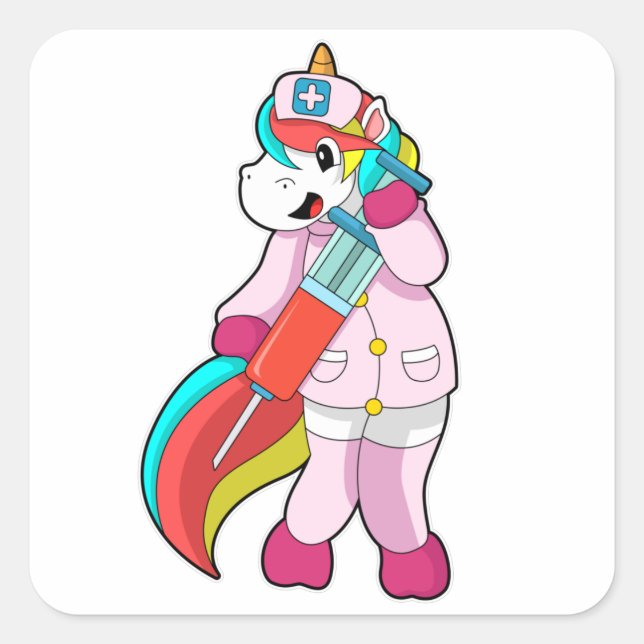 Pegatina Cuadrada Unicornio como enfermera en vacunación y jeringas (Anverso)