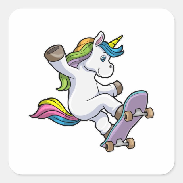 Pegatina Cuadrada Unicornio como patinador (Anverso)