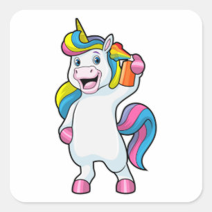 Pegatina Cuadrada Unicornio como peluquero con aerosol de pelo
