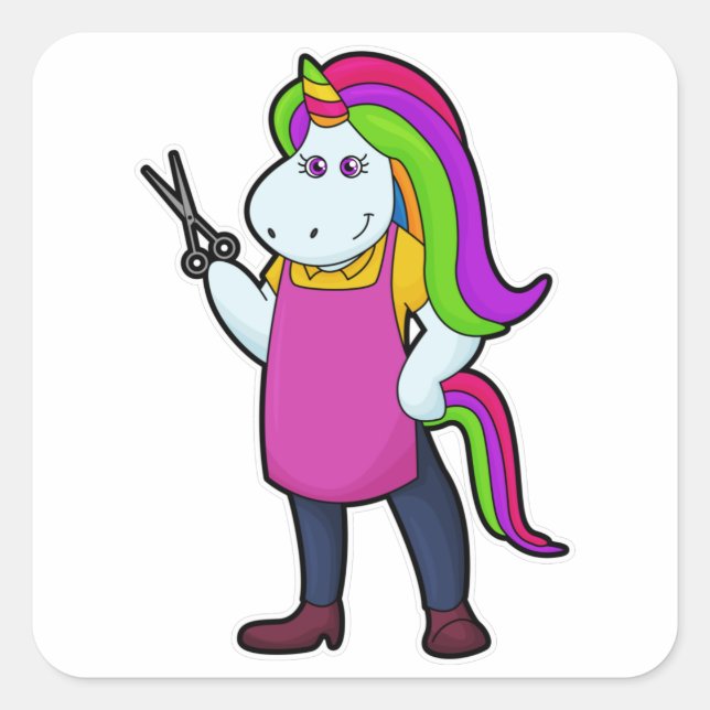 Pegatina Cuadrada Unicornio como peluquero con tijeras (Anverso)