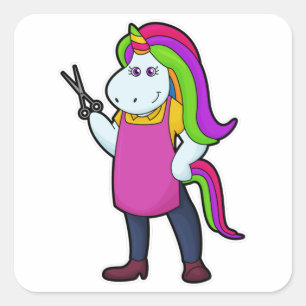 Pegatina Cuadrada Unicornio como peluquero con tijeras