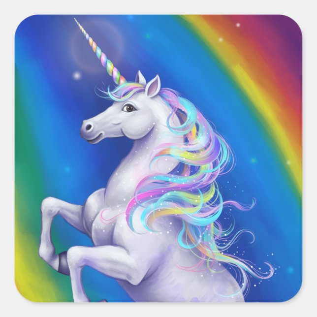 Pegatina Cuadrada Unicornio con Arcoíris (Anverso)